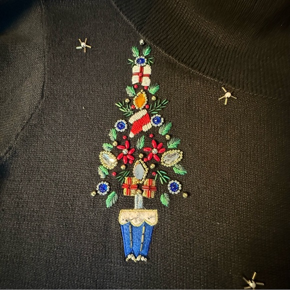 Vtg Christmas Sweater women's 2X Turtle Neck Embroidered Festive Trees Stars - Picture 5 of 11